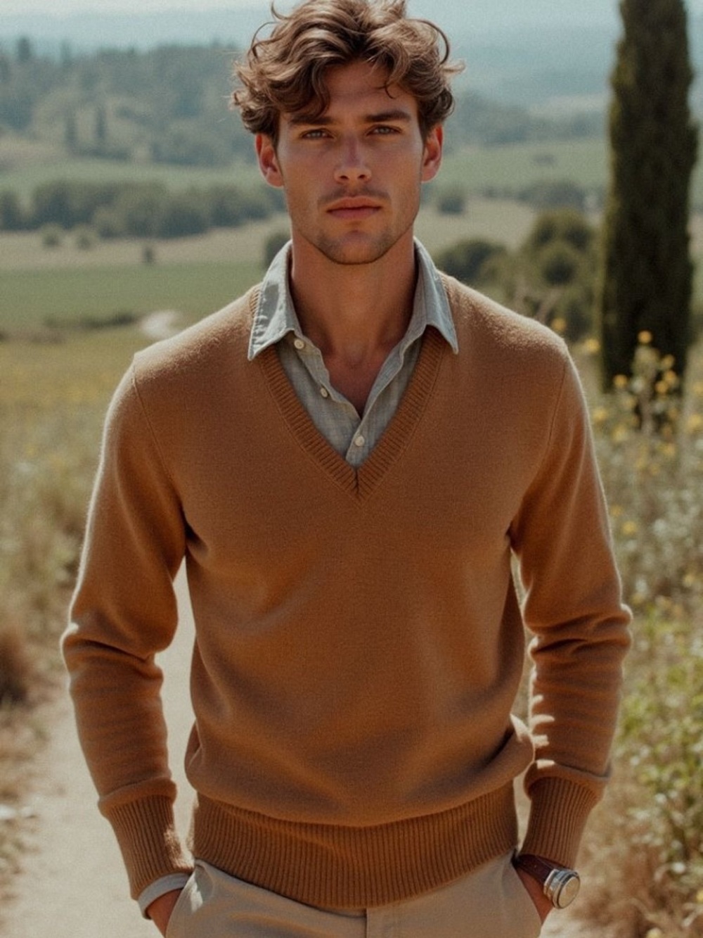 L.L. Bean Men's V-Neck Lambswool Sweater in Camel- copy
